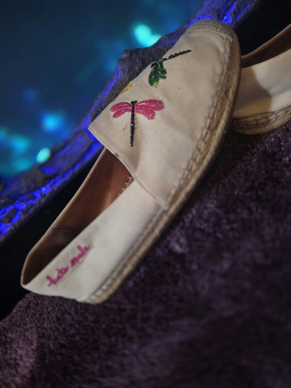 Katkate spade Neutral Espadrilles with Pink, Yellow & Green Dragonfly Embroidery